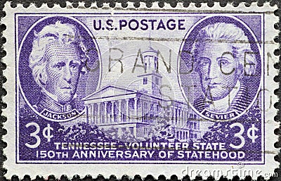 a postage stamp printed in the US showing the President Andrew Jackson, and Governor John Sevier. France ceded â€œ Editorial Stock Photo